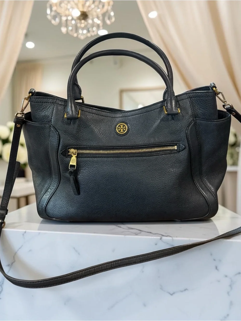 Tory Burch Black Pebbled Leather Satchel with Gold Accents